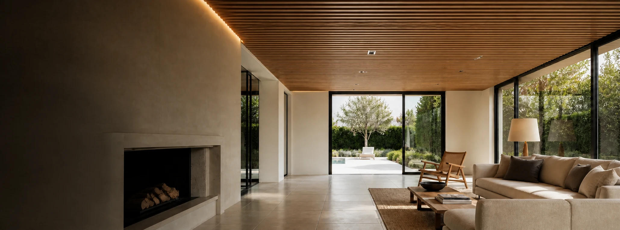 Linear timber ceiling extending across a contemporary glazed living interior