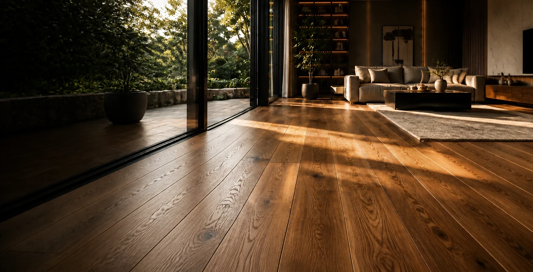 Natural timber flooring extending through a refined interior toward a garden terrace