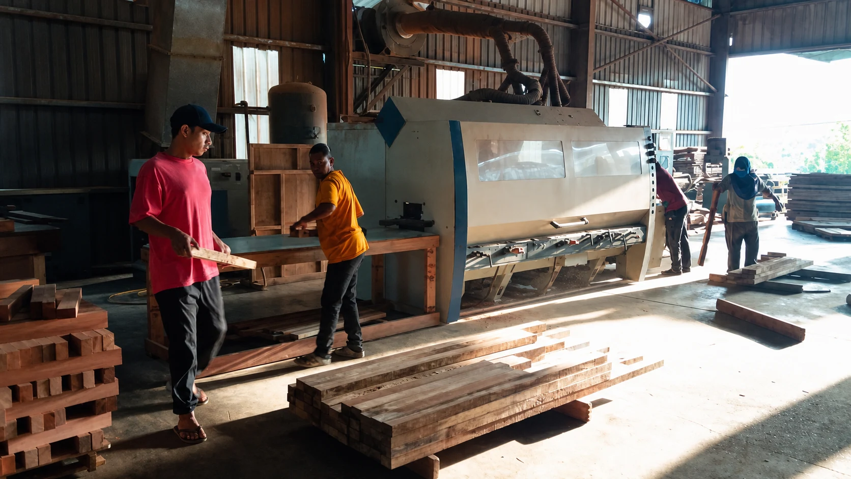 Workshop team preparing timber beside wood manufacturing machinery