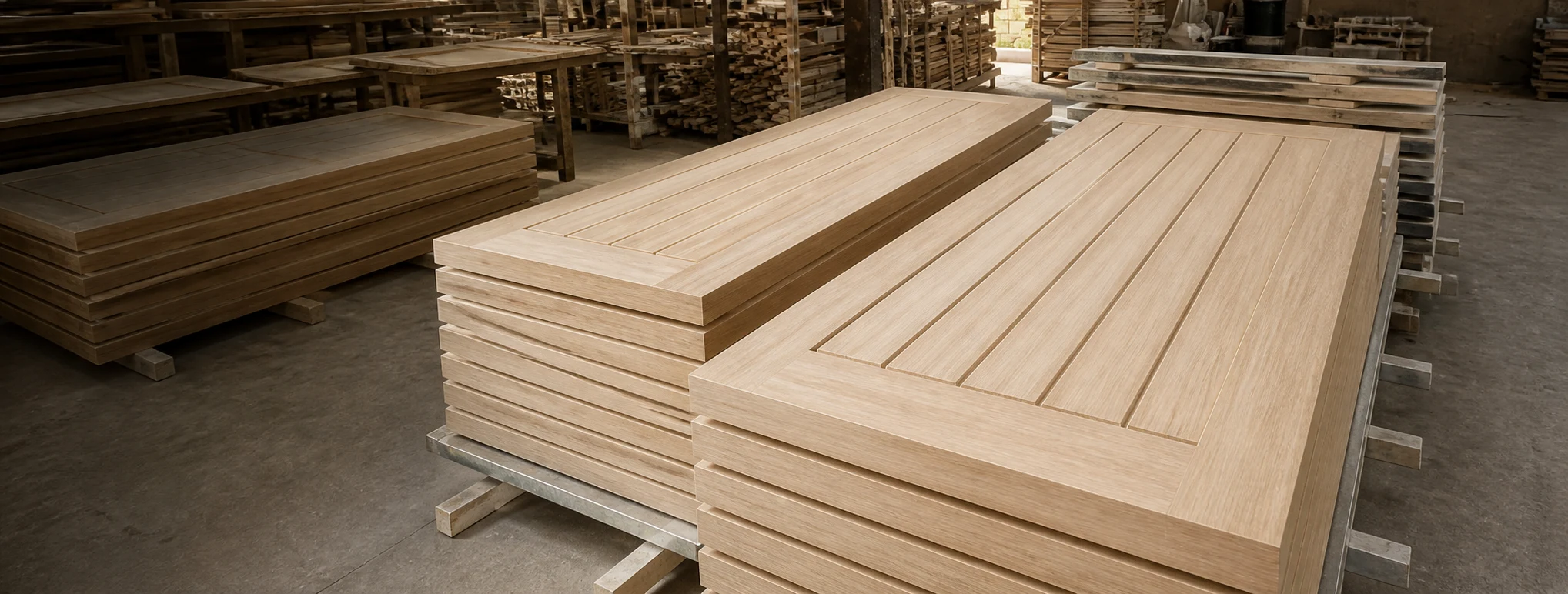 Stacks of unfinished rectangular solid timber door leaves in the client factory