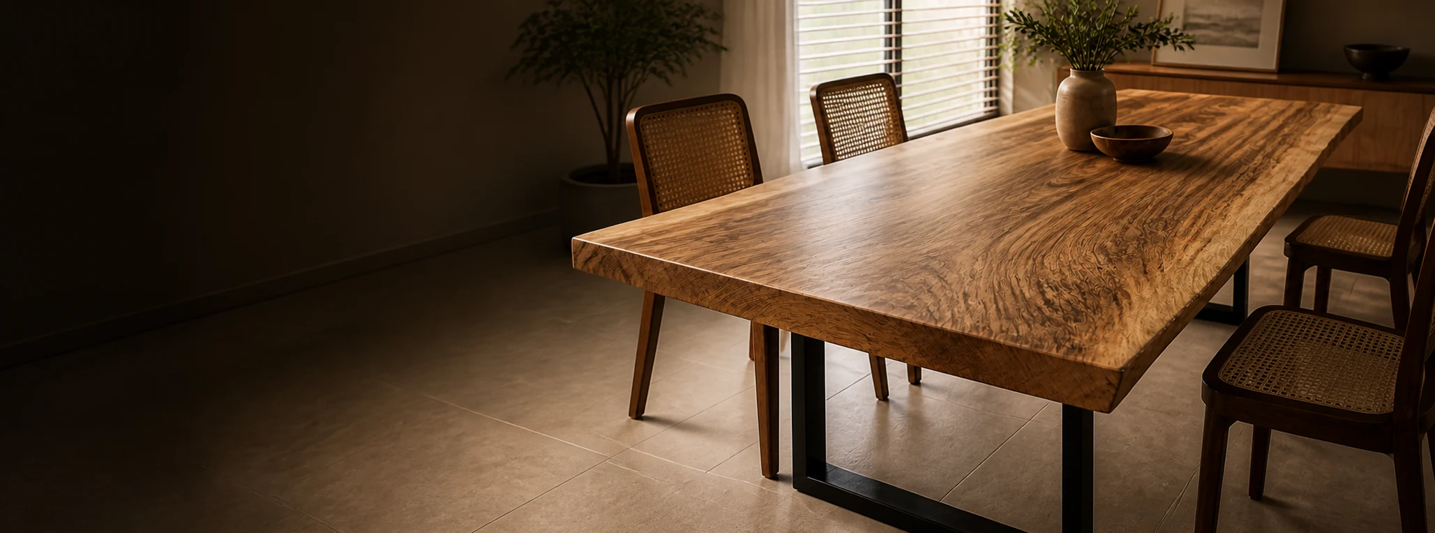 Natural edge solid wood slab table with warm grain and a black metal base