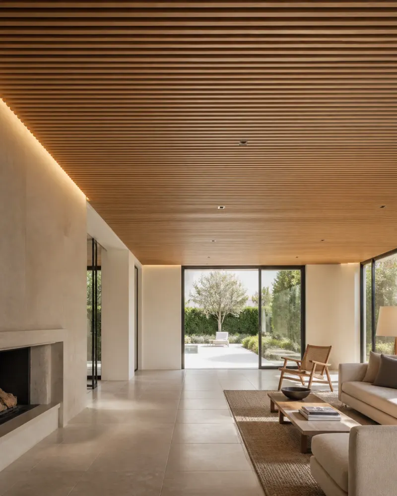 Natural timber slatted ceiling in a refined contemporary interior