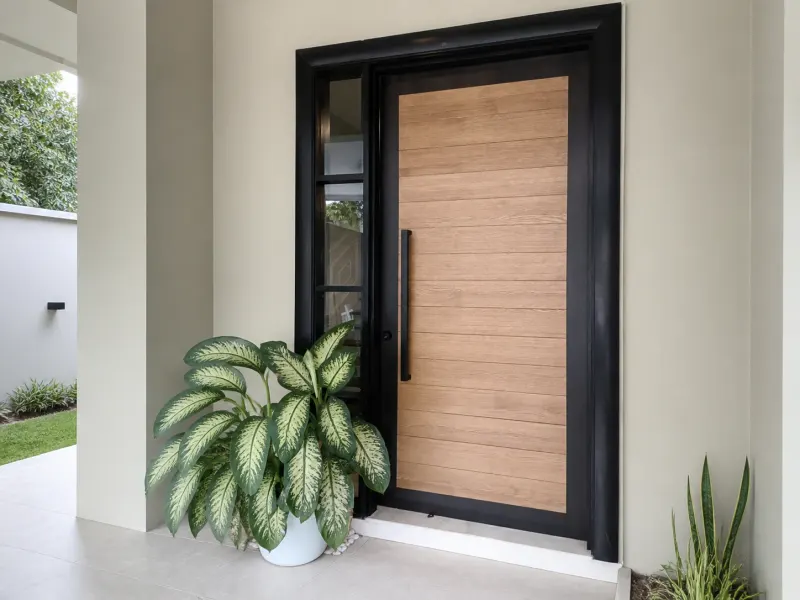 Client-installed solid timber entrance door with black frame and full-length handle