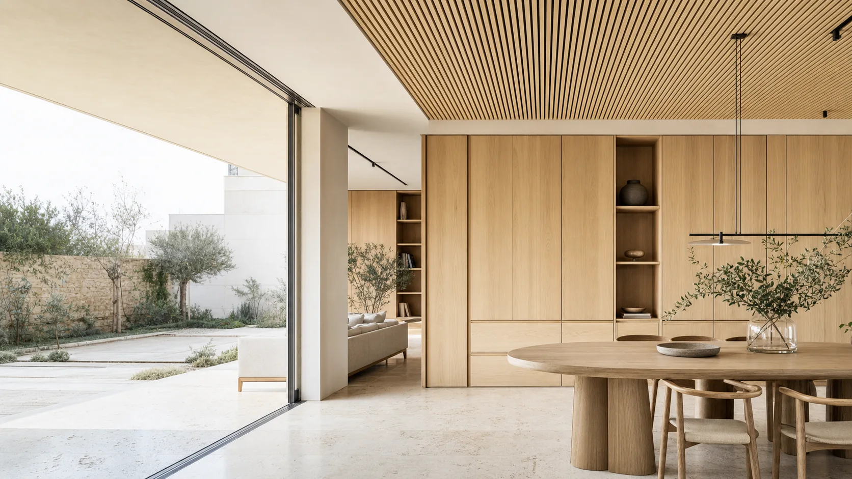Daylit contemporary residence with pale oak cabinetry, slatted timber ceiling, and limestone surfaces
